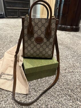 Gucci Brown GG Canvas Mini Tote with Brown Leather Trim